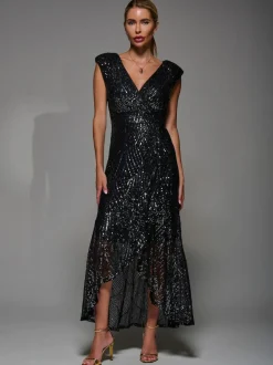 Jolie Moi Black Chrome Sequin Asymmetric Ruffle Hem Maxi Dress