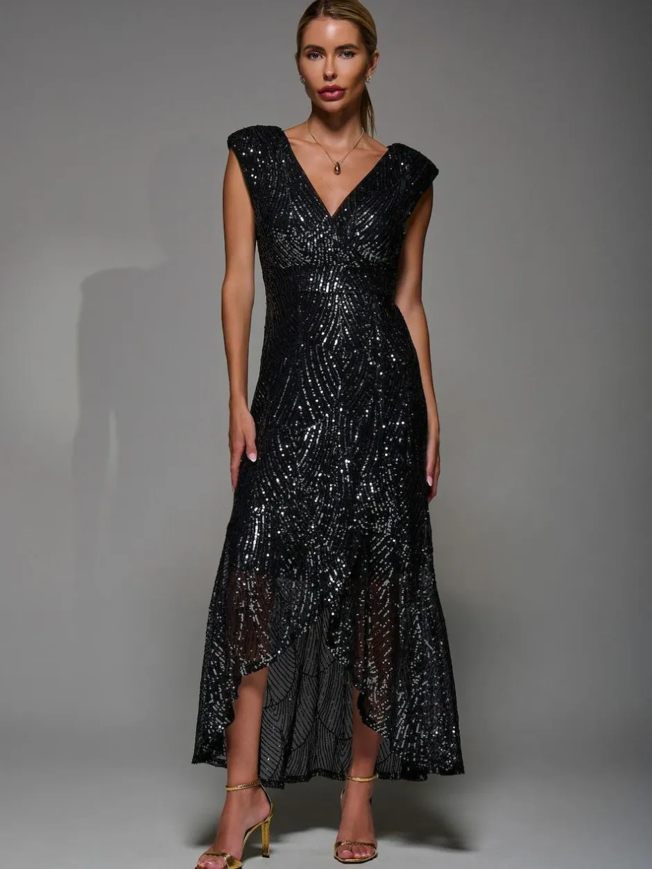 Jolie Moi Black Chrome Sequin Asymmetric Ruffle Hem Maxi Dress
