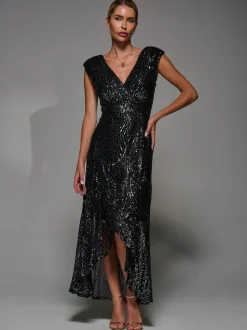 Jolie Moi Black Chrome Sequin Asymmetric Ruffle Hem Maxi Dress