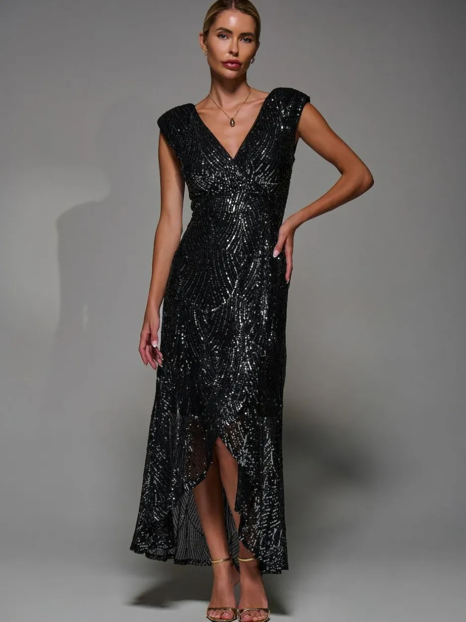 Jolie Moi Black Chrome Sequin Asymmetric Ruffle Hem Maxi Dress