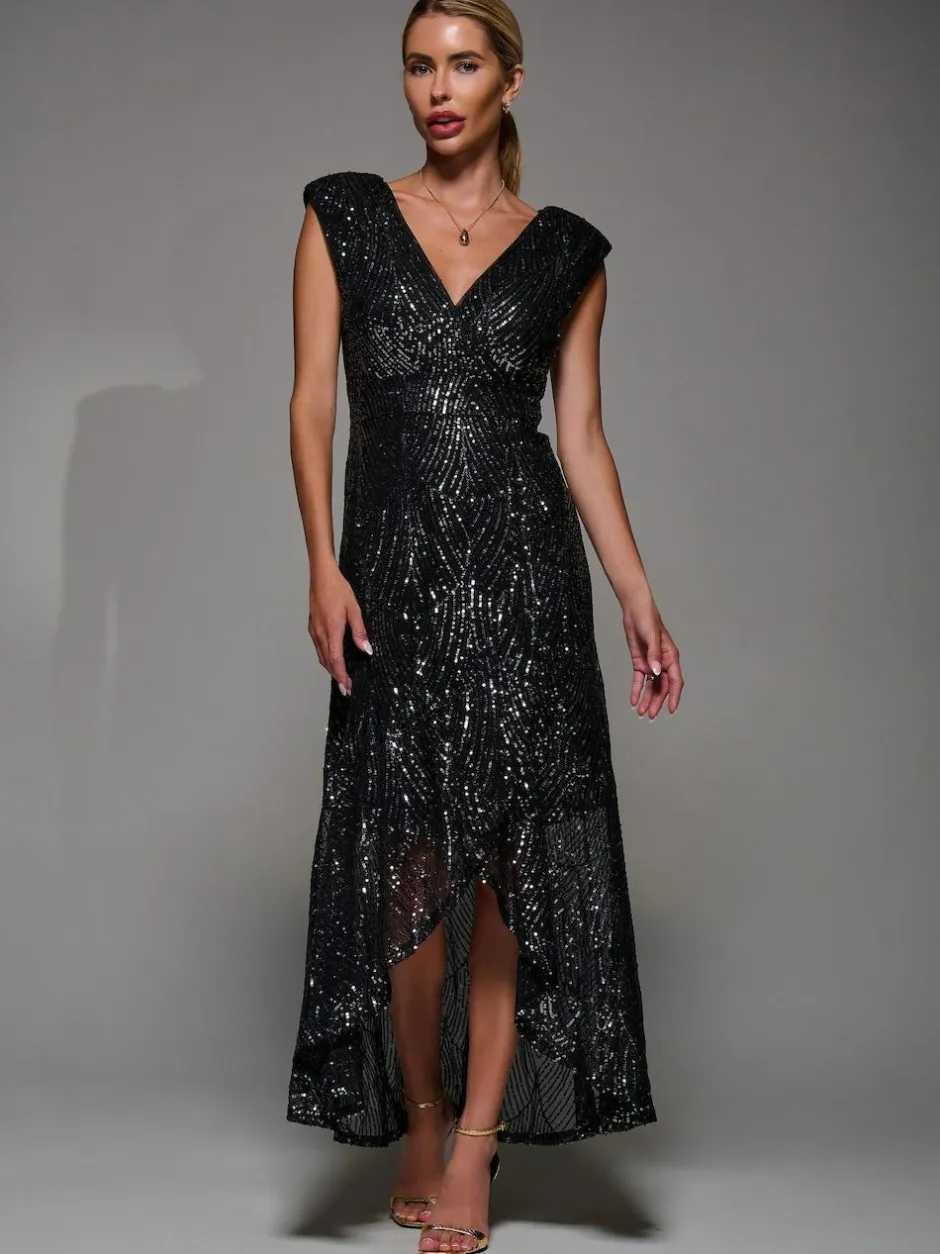 Jolie Moi Black Chrome Sequin Asymmetric Ruffle Hem Maxi Dress
