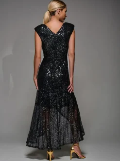 Jolie Moi Black Chrome Sequin Asymmetric Ruffle Hem Maxi Dress