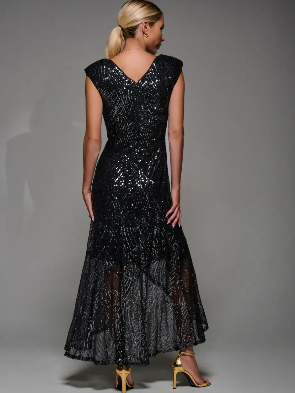 Jolie Moi Black Chrome Sequin Asymmetric Ruffle Hem Maxi Dress