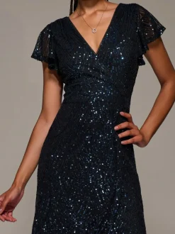 Jolie Moi Black Frill Short Sleeve Sequin Maxi Dress Sale