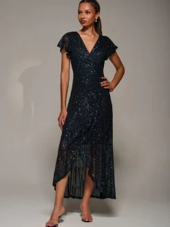 Jolie Moi Black Frill Short Sleeve Sequin Maxi Dress Sale