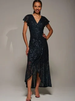 Jolie Moi Black Frill Short Sleeve Sequin Maxi Dress Sale