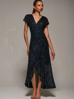 Jolie Moi Black Frill Short Sleeve Sequin Maxi Dress Sale