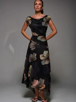 Jolie Moi Mesh Asymmetrical Draped Maxi Dress Black Clearance
