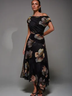 Jolie Moi Mesh Asymmetrical Draped Maxi Dress Black Clearance