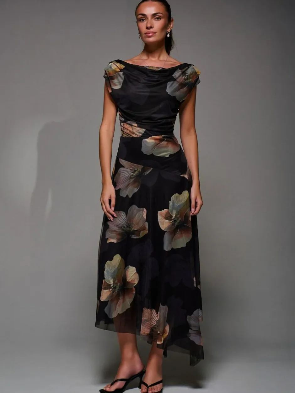 Jolie Moi Mesh Asymmetrical Draped Maxi Dress Black Clearance