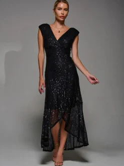 Jolie Moi Black Sequin Asymmetric Ruffle Hem Maxi Dress Sale