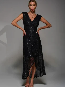 Jolie Moi Black Sequin Asymmetric Ruffle Hem Maxi Dress Sale