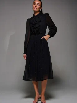 Jolie Moi Black Textured Chiffon Ruffle Shirt Dress Online