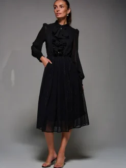 Jolie Moi Black Textured Chiffon Ruffle Shirt Dress Online