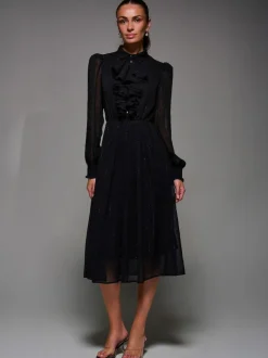 Jolie Moi Black Textured Chiffon Ruffle Shirt Dress Online