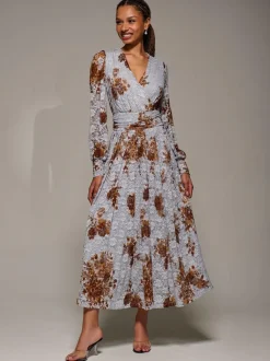 Jolie Moi Long Sleeve Printed Lace Midaxi Dress Blue