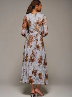 Jolie Moi Long Sleeve Printed Lace Midaxi Dress Blue