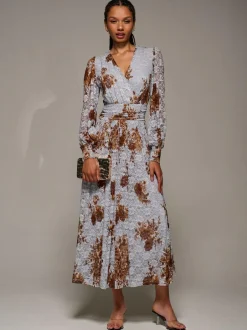 Jolie Moi Long Sleeve Printed Lace Midaxi Dress Blue
