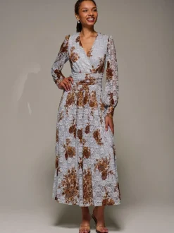 Jolie Moi Long Sleeve Printed Lace Midaxi Dress Blue