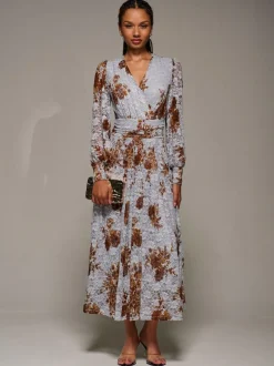 Jolie Moi Long Sleeve Printed Lace Midaxi Dress Blue