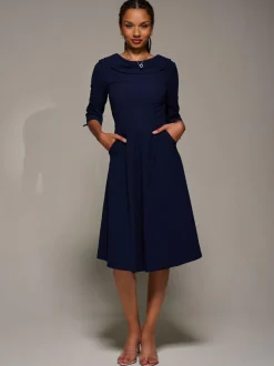 Jolie Moi Roll Neck Fit & Flare Midi Dress Blue Outlet