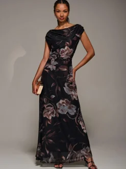 Jolie Moi Asymmetric Neck Mesh Maxi Dress Brown Best