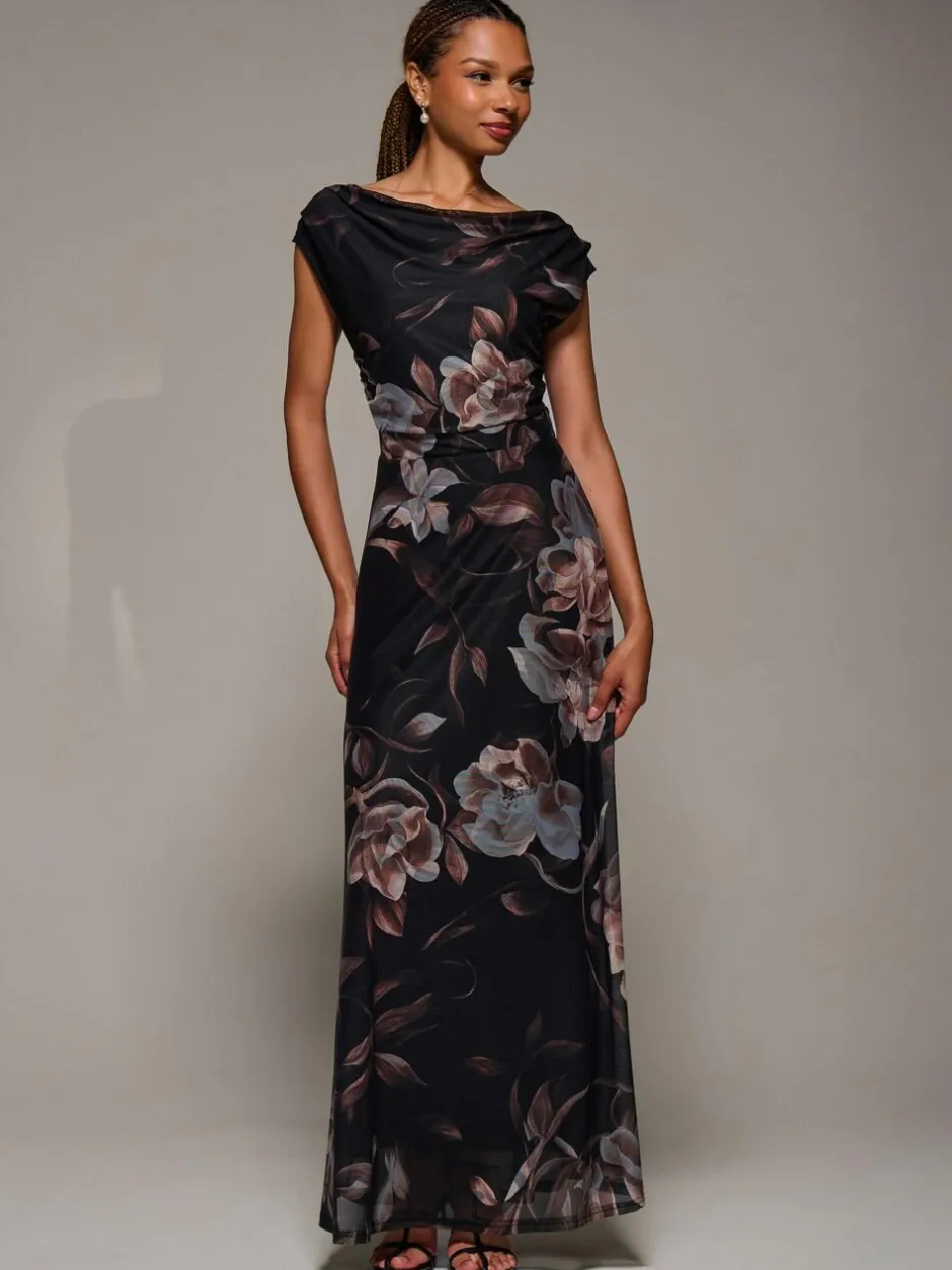 Jolie Moi Asymmetric Neck Mesh Maxi Dress Brown Best