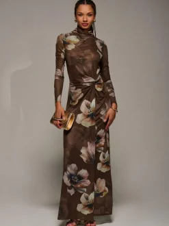 Jolie Moi High Neck Long Sleeve Mesh Maxi Dress Brown Discount