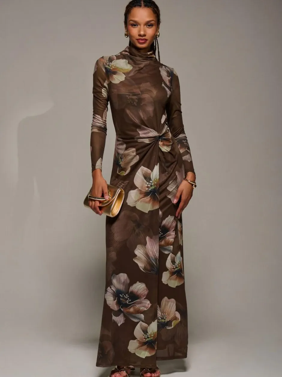 Jolie Moi High Neck Long Sleeve Mesh Maxi Dress Brown Discount