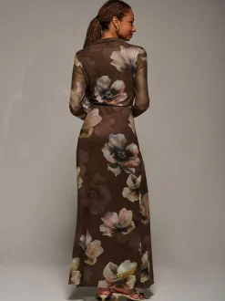 Jolie Moi High Neck Long Sleeve Mesh Maxi Dress Brown Discount