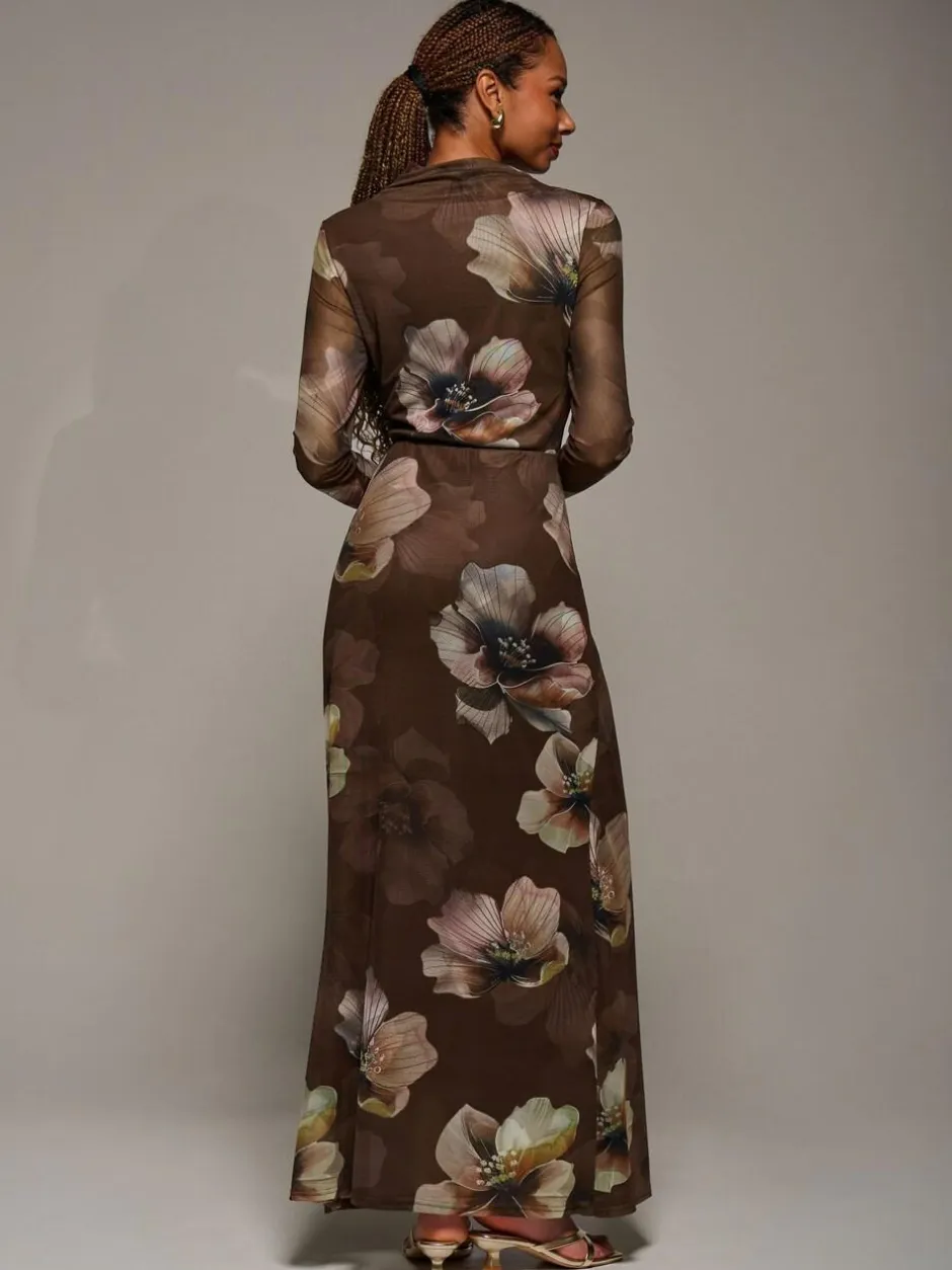 Jolie Moi High Neck Long Sleeve Mesh Maxi Dress Brown Discount