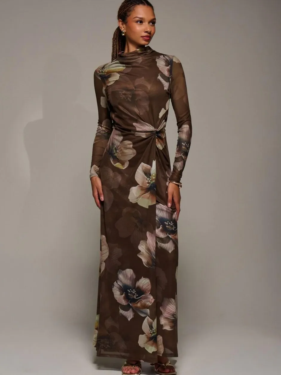 Jolie Moi High Neck Long Sleeve Mesh Maxi Dress Brown Discount