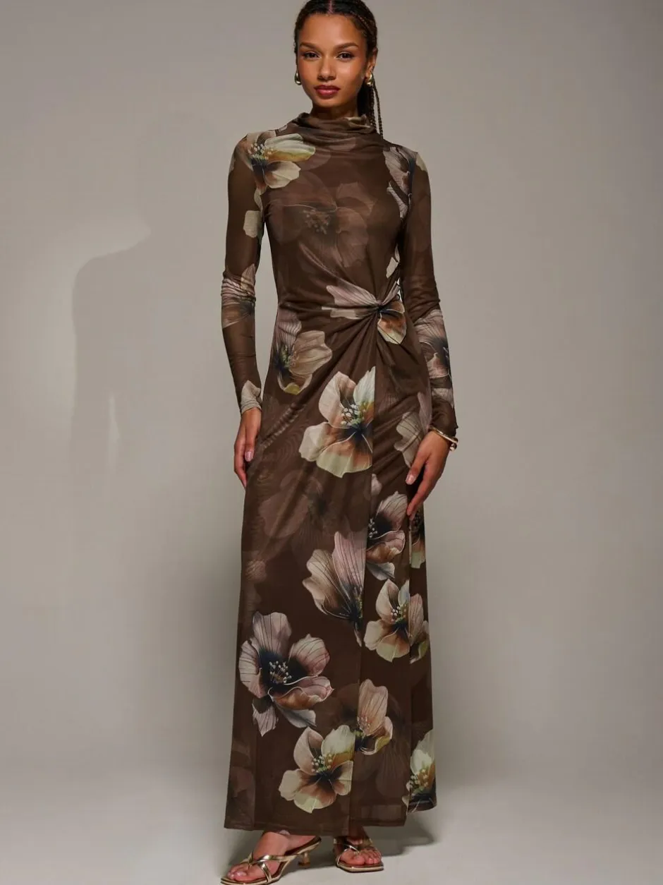 Jolie Moi High Neck Long Sleeve Mesh Maxi Dress Brown Discount