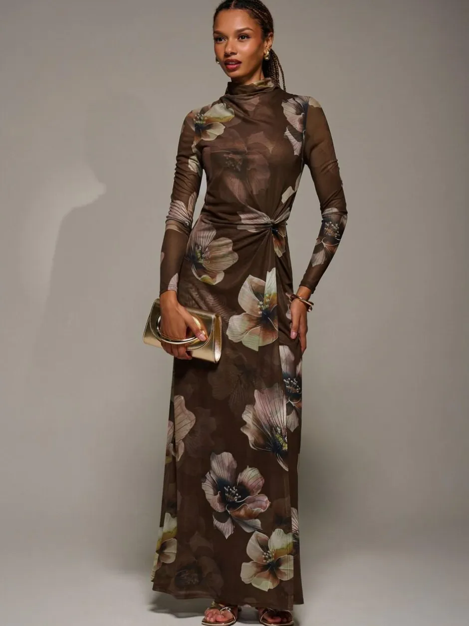 Jolie Moi High Neck Long Sleeve Mesh Maxi Dress Brown Discount