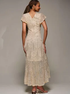 Jolie Moi Gold Frill Short Sleeve Sequin Maxi Dress