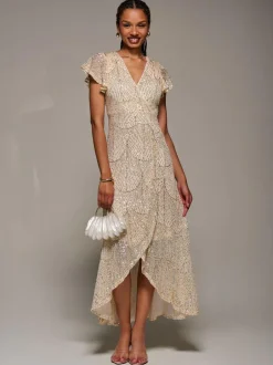 Jolie Moi Gold Frill Short Sleeve Sequin Maxi Dress