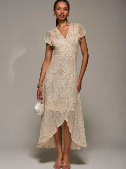 Jolie Moi Gold Frill Short Sleeve Sequin Maxi Dress