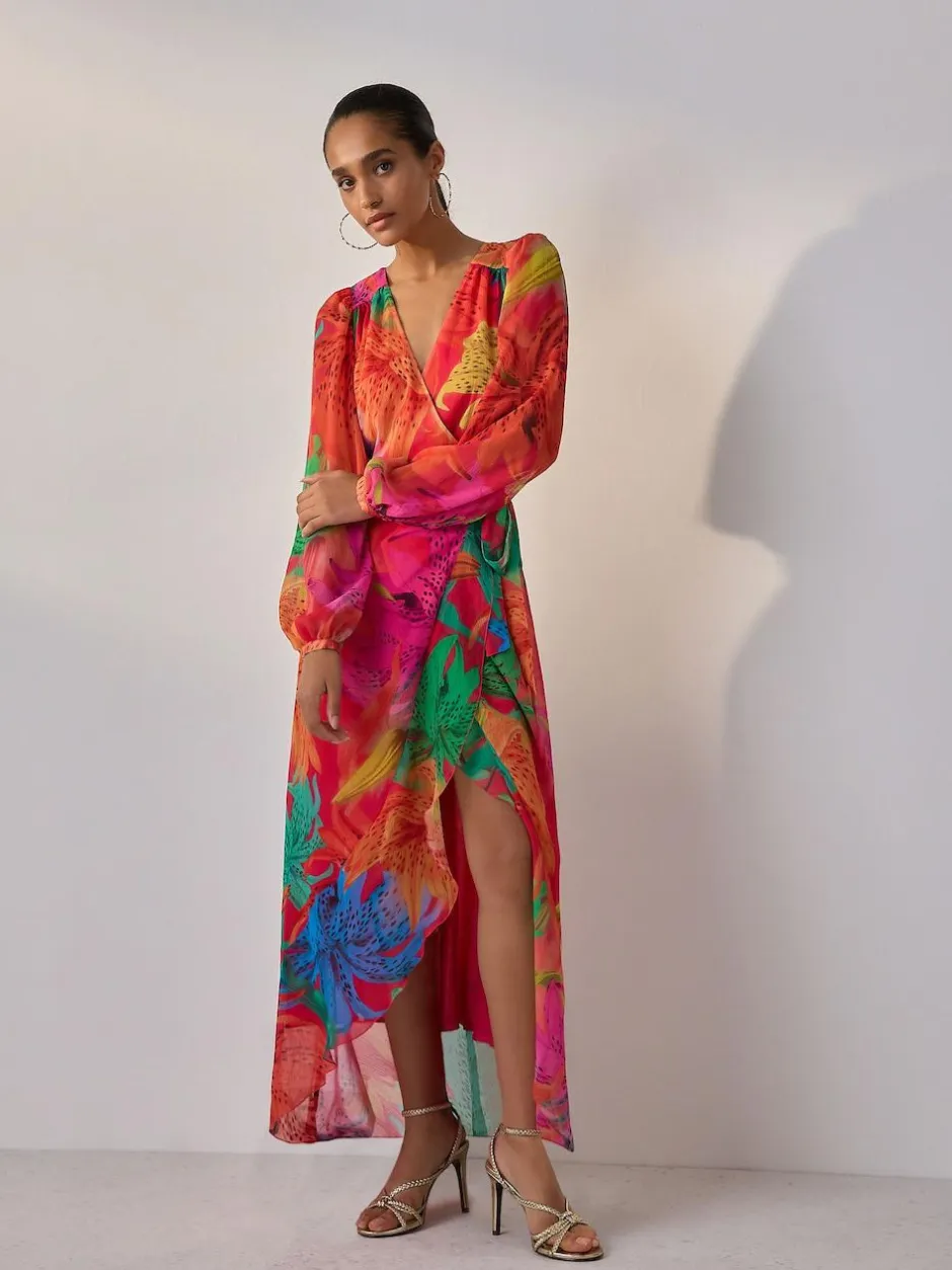 Next Kew Collection Bright Floral Occasion Long Sleeve Wrap Midi Dress Online