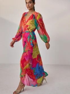 Next Kew Collection Bright Floral Occasion Long Sleeve Wrap Midi Dress Online