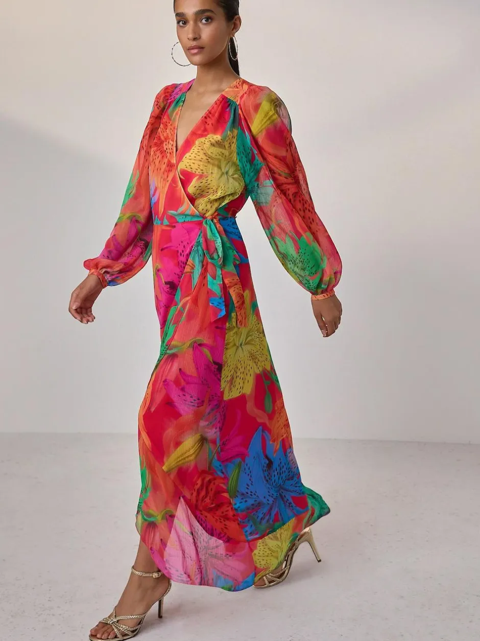 Next Kew Collection Bright Floral Occasion Long Sleeve Wrap Midi Dress Online