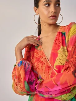 Next Kew Collection Bright Floral Occasion Long Sleeve Wrap Midi Dress Online