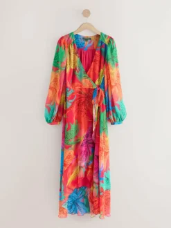 Next Kew Collection Bright Floral Occasion Long Sleeve Wrap Midi Dress Online