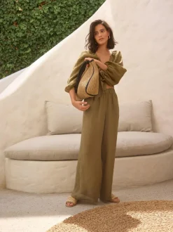 Next Khaki Green 100% Linen Premium Wide Leg Trousers Discount