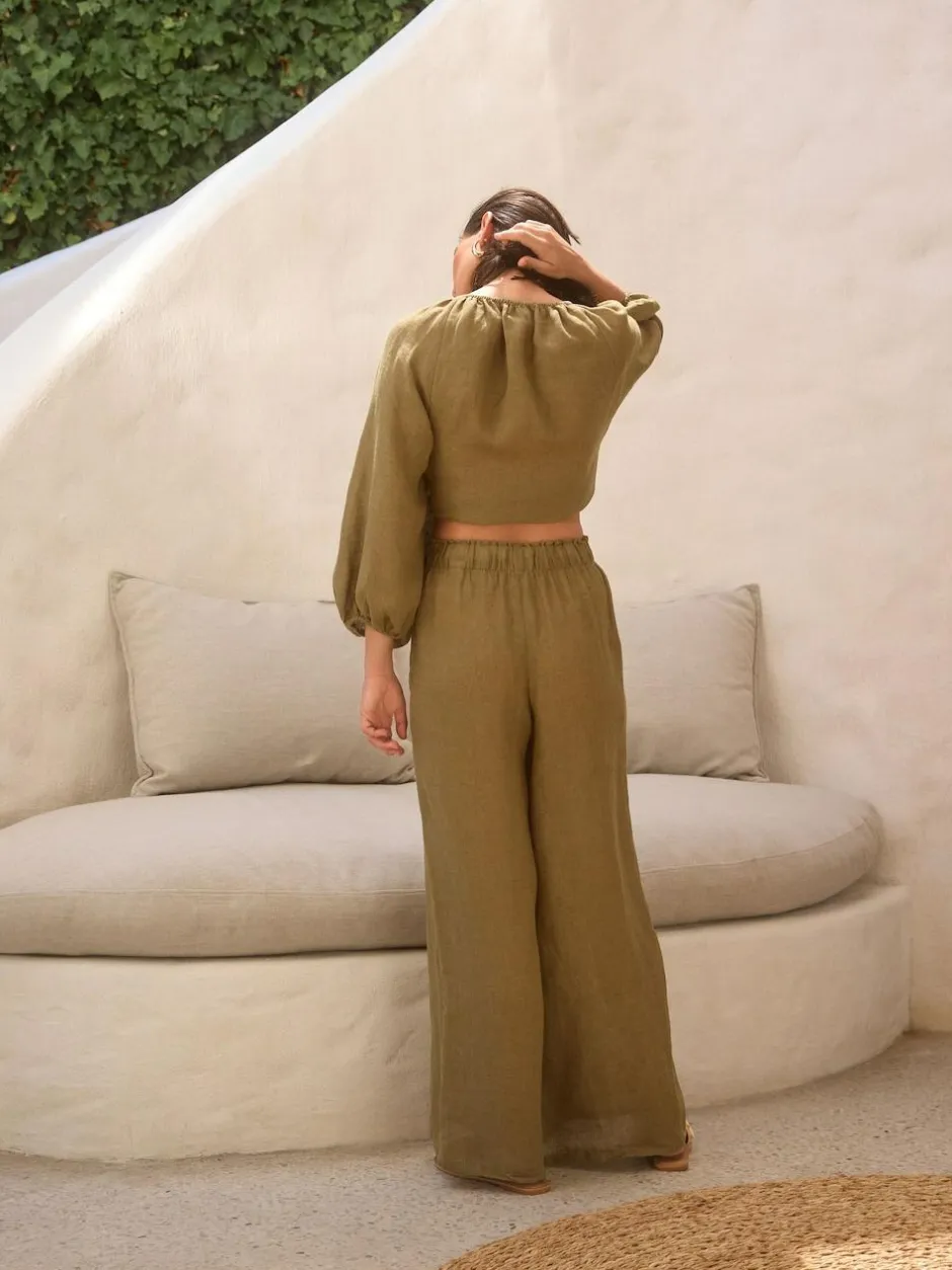 Next Khaki Green 100% Linen Premium Wide Leg Trousers Discount
