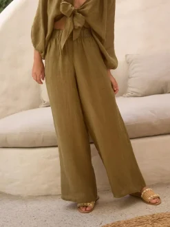 Next Khaki Green 100% Linen Premium Wide Leg Trousers Discount