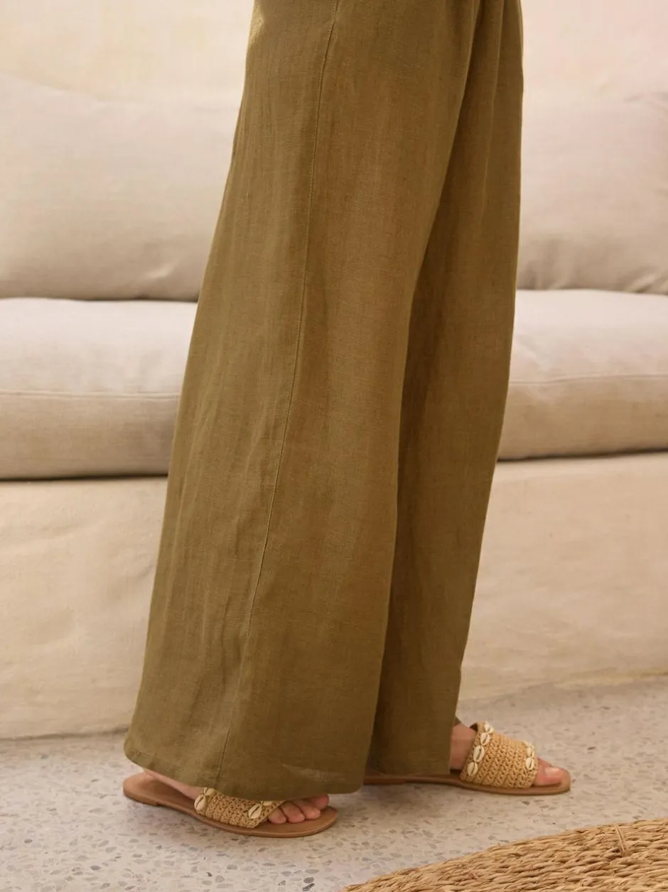 Next Khaki Green 100% Linen Premium Wide Leg Trousers Discount