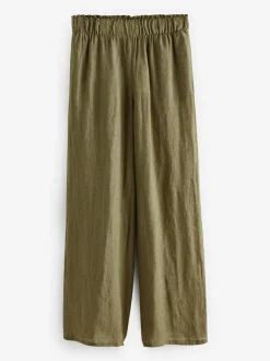 Next Khaki Green 100% Linen Premium Wide Leg Trousers Discount