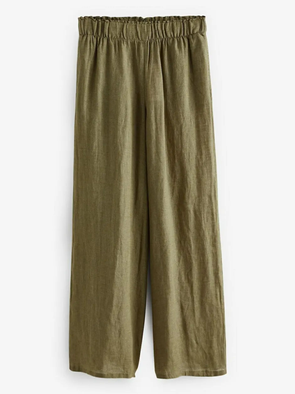 Next Khaki Green 100% Linen Premium Wide Leg Trousers Discount