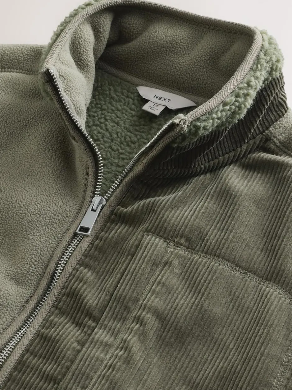 Next Cord Block Zip Through Funnel Fleece Khaki Green Online