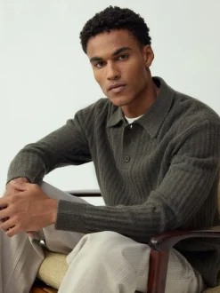 Next Cosy Rib Knit Long Sleeve Polo Shirt with Wool Khaki Green